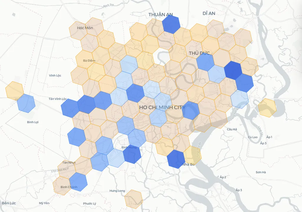 RainML interactive H3-hexagon map of Ho Chi Minh City showing rain detection status